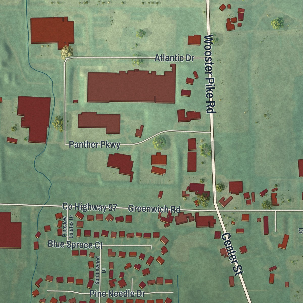 Second close-up of the map of Seville, Ohio print showing more streets and buildings