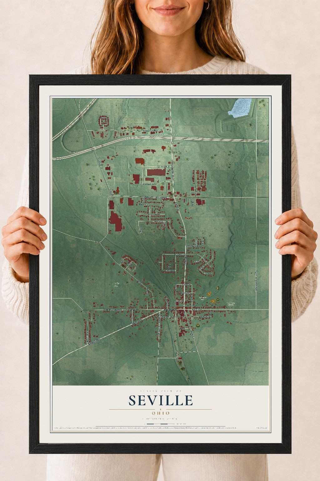 Map of Seville, Ohio, 18 x 24 inch print in a black wood frame