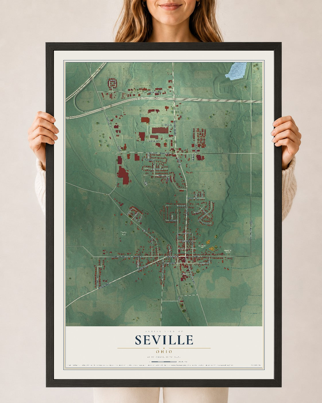 Map of Seville, Ohio, 24 x 36 inch print in a black wood frame