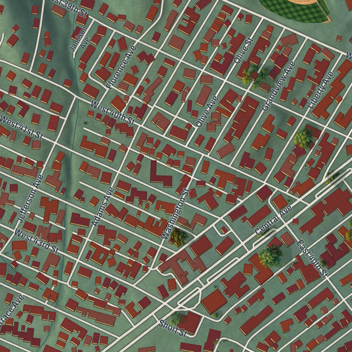 Close-up of the map of Shadyside, Ohio print showing street and building detail