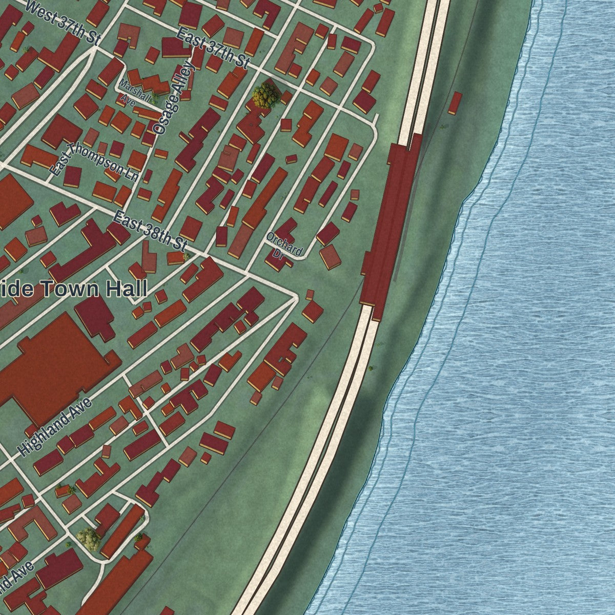 Second close-up of the map of Shadyside, Ohio print showing more streets and buildings