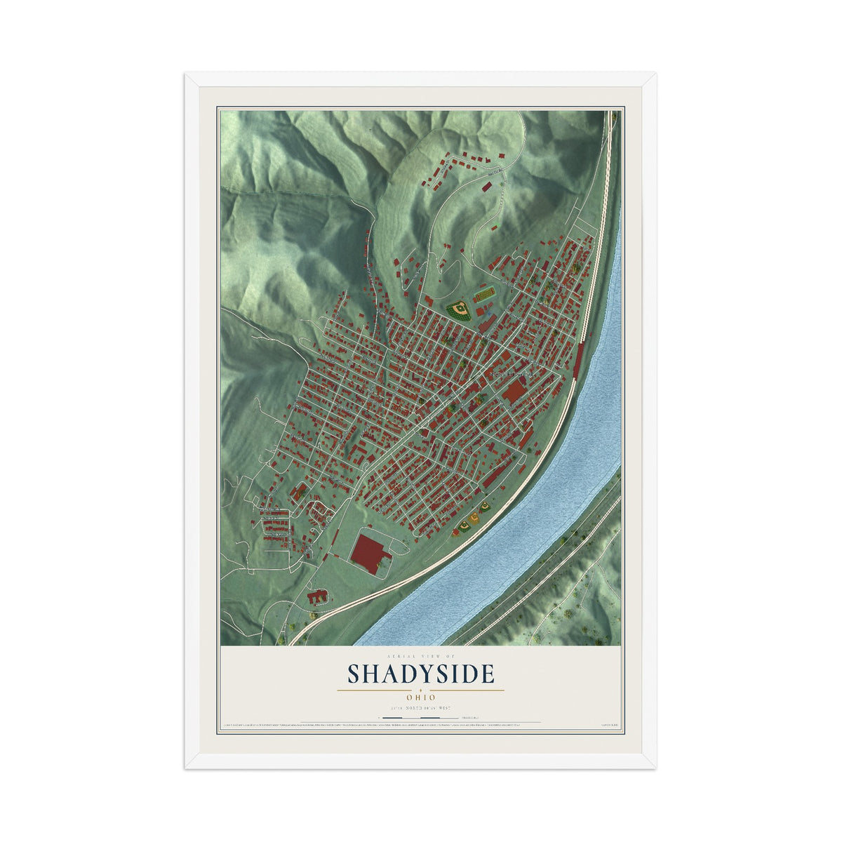 Map of Shadyside, Ohio, 12 x 18 inch print in a white wood frame