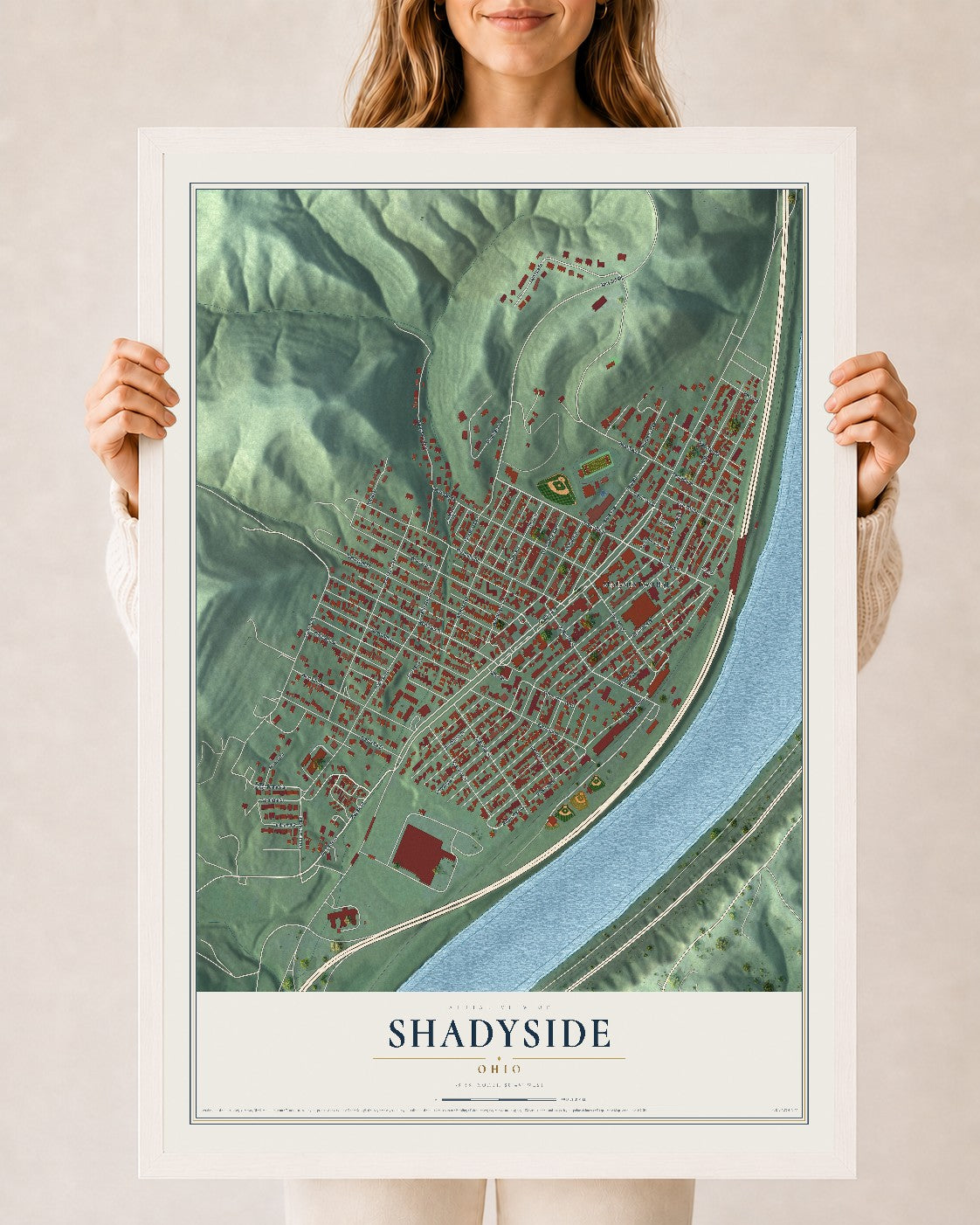 Map of Shadyside, Ohio, 24 x 36 inch print in a white wood frame