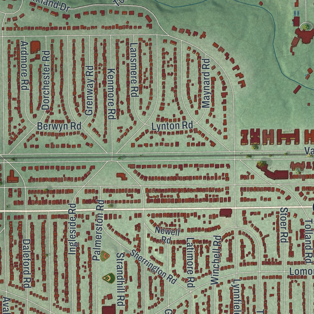 Close-up of the map of Shaker Heights, Ohio print showing street and building detail