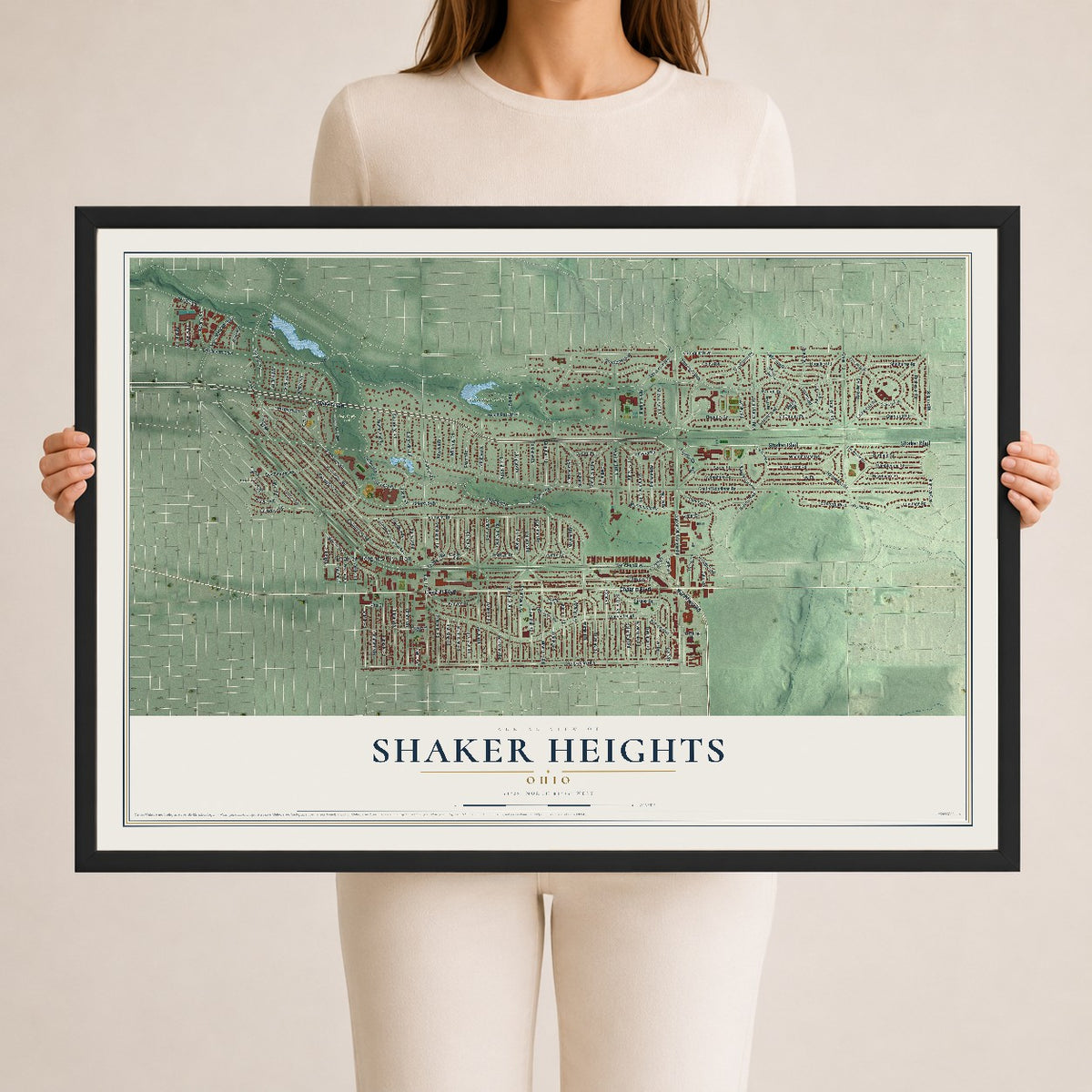 Map of Shaker Heights, Ohio, 24 x 36 inch print in a black wood frame