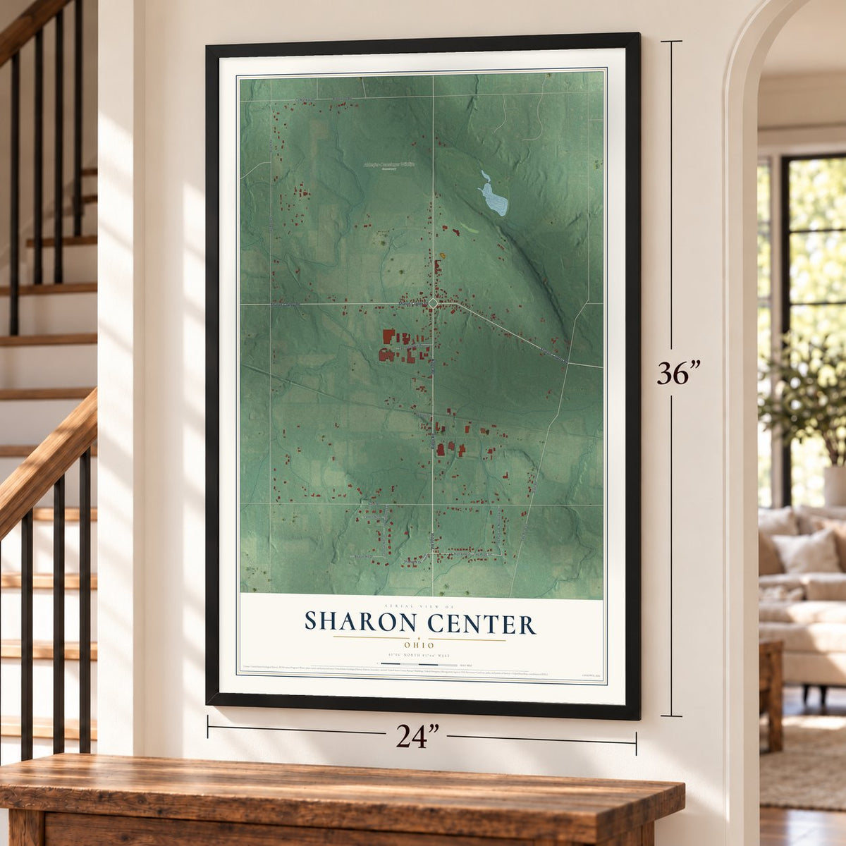 Sharon Center, Ohio map, 24 x 36 inch print in a black frame by a staircase