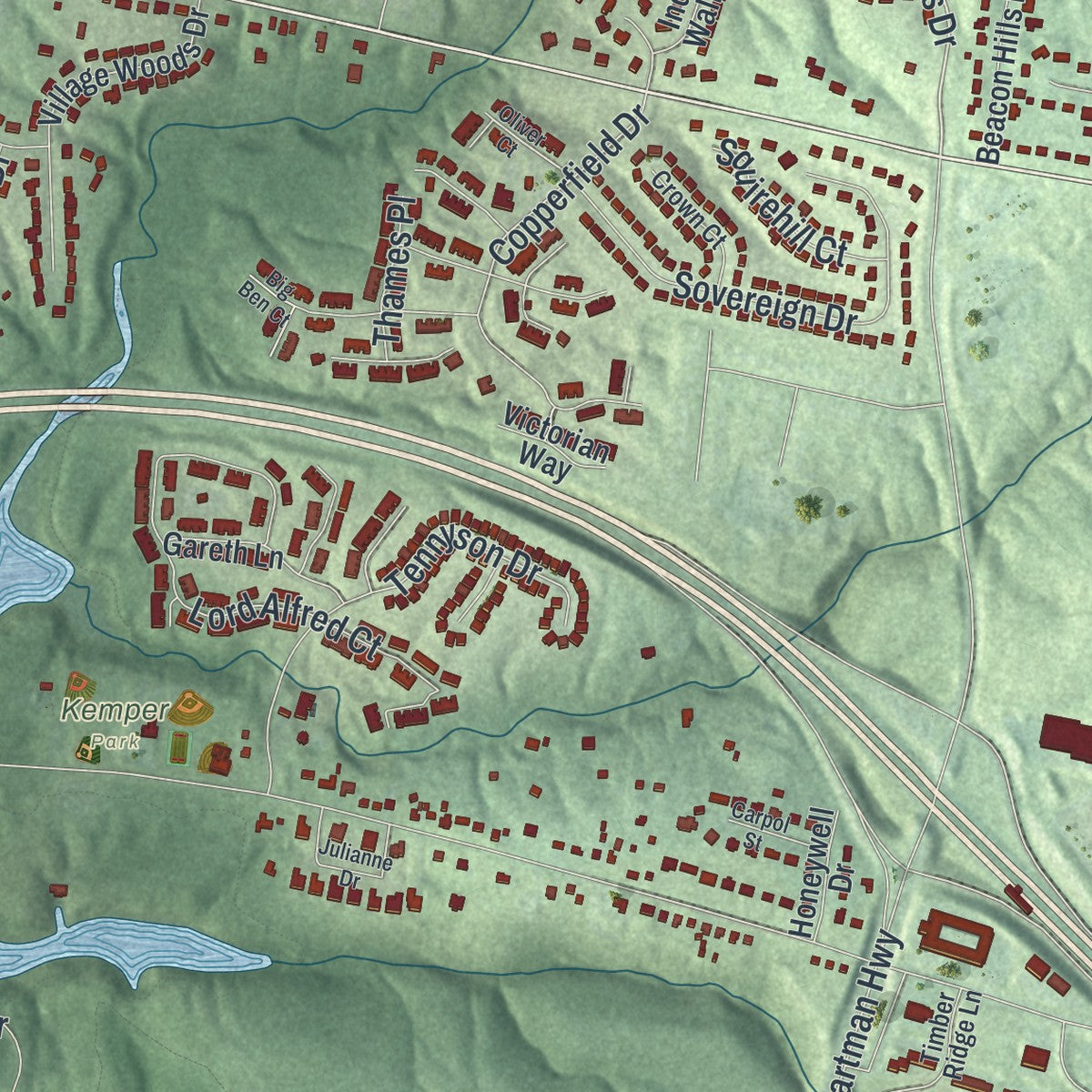 Second close-up of the map of Sharonville, Ohio print showing more streets and buildings