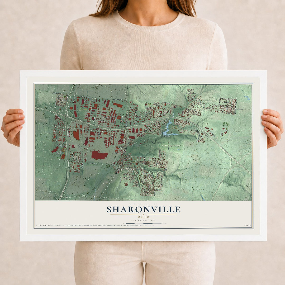 Map of Sharonville, Ohio, 12 x 18 inch print in a white wood frame