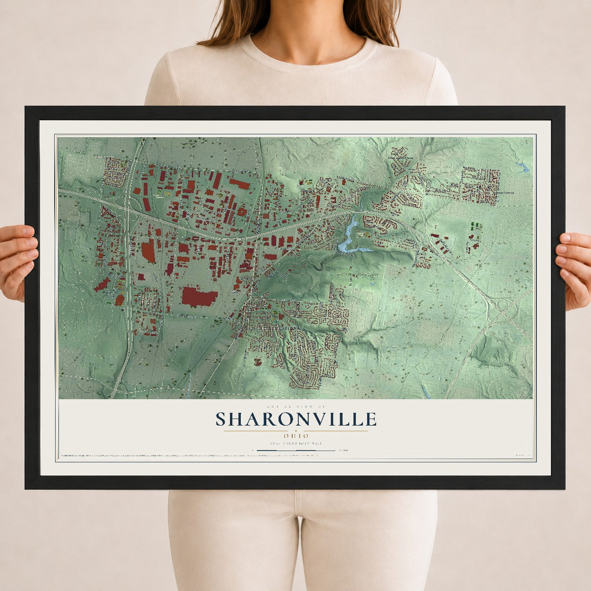 Map of Sharonville, Ohio, 18 x 24 inch print in a black wood frame