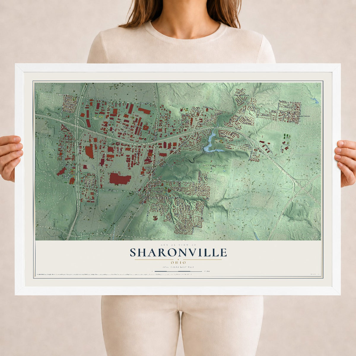 Map of Sharonville, Ohio, 18 x 24 inch print in a white wood frame