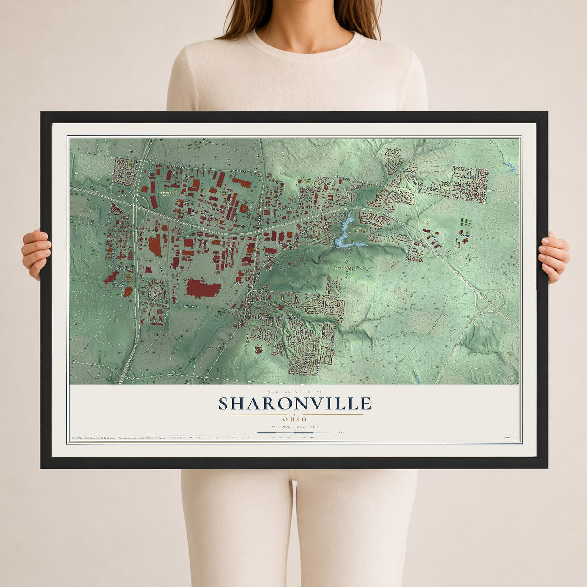 Map of Sharonville, Ohio, 24 x 36 inch print in a black wood frame