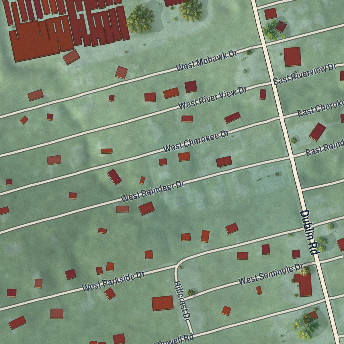 Second close-up of the map of Shawnee Hills, Ohio print showing more streets and buildings