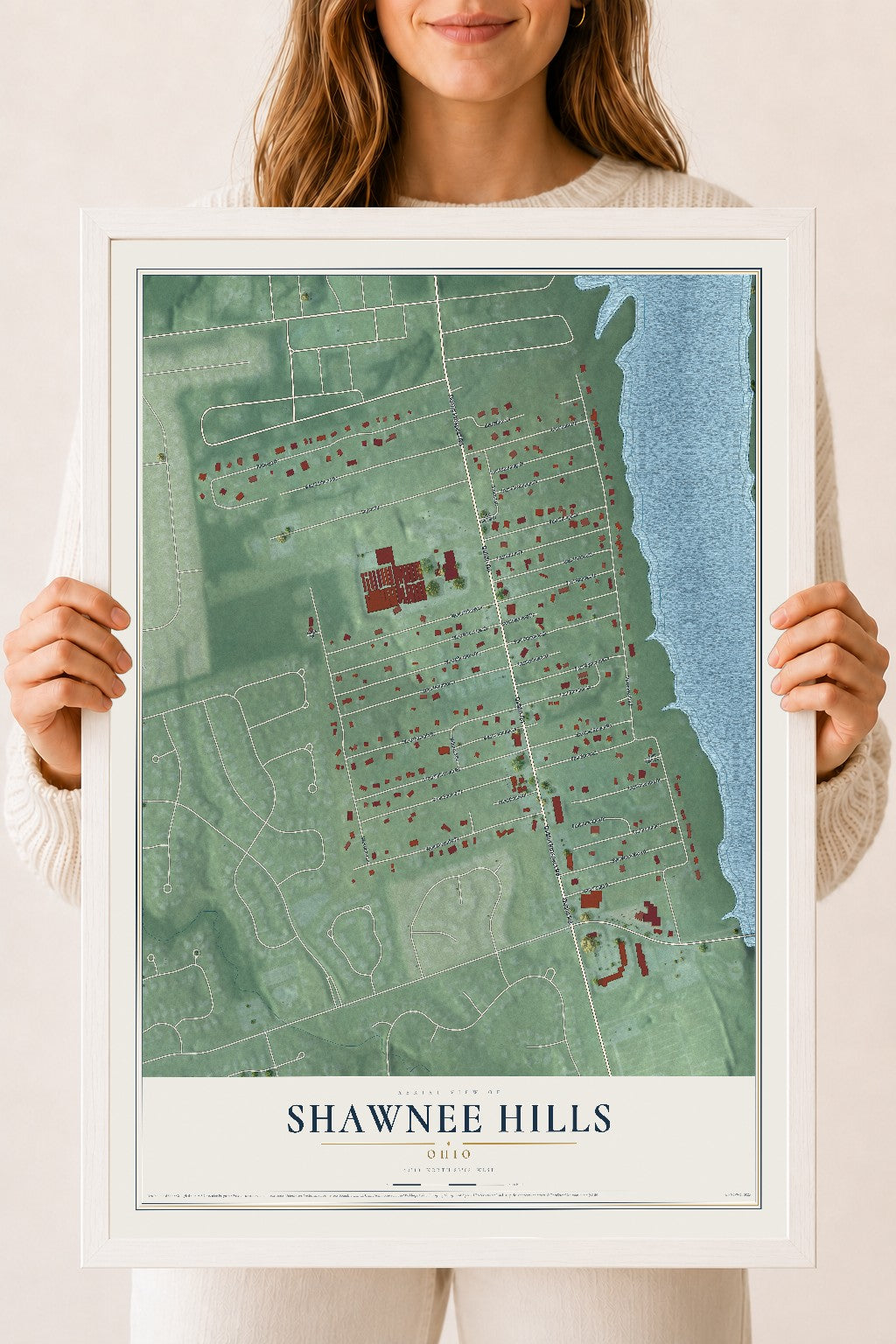Map of Shawnee Hills, Ohio, 18 x 24 inch print in a white wood frame