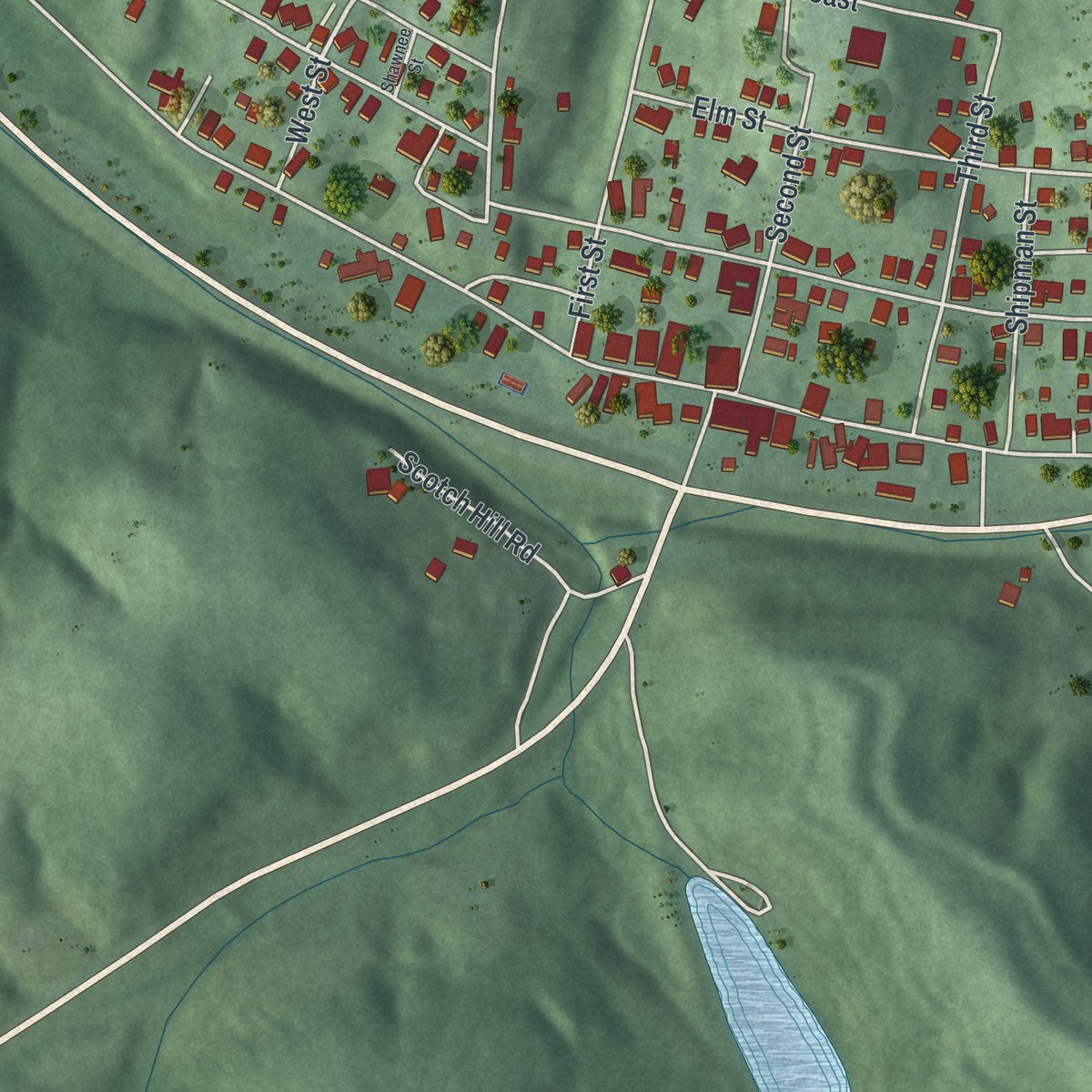 Close-up of the map of Shawnee, Ohio print showing street and building detail