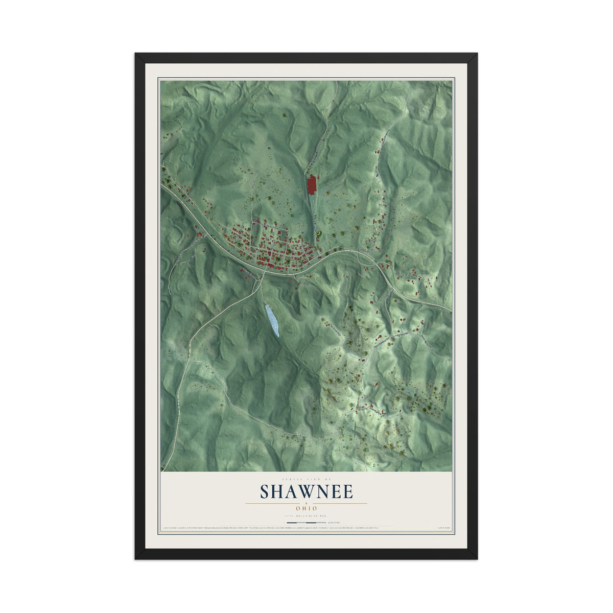 Map of Shawnee, Ohio, 12 x 18 inch print in a black wood frame