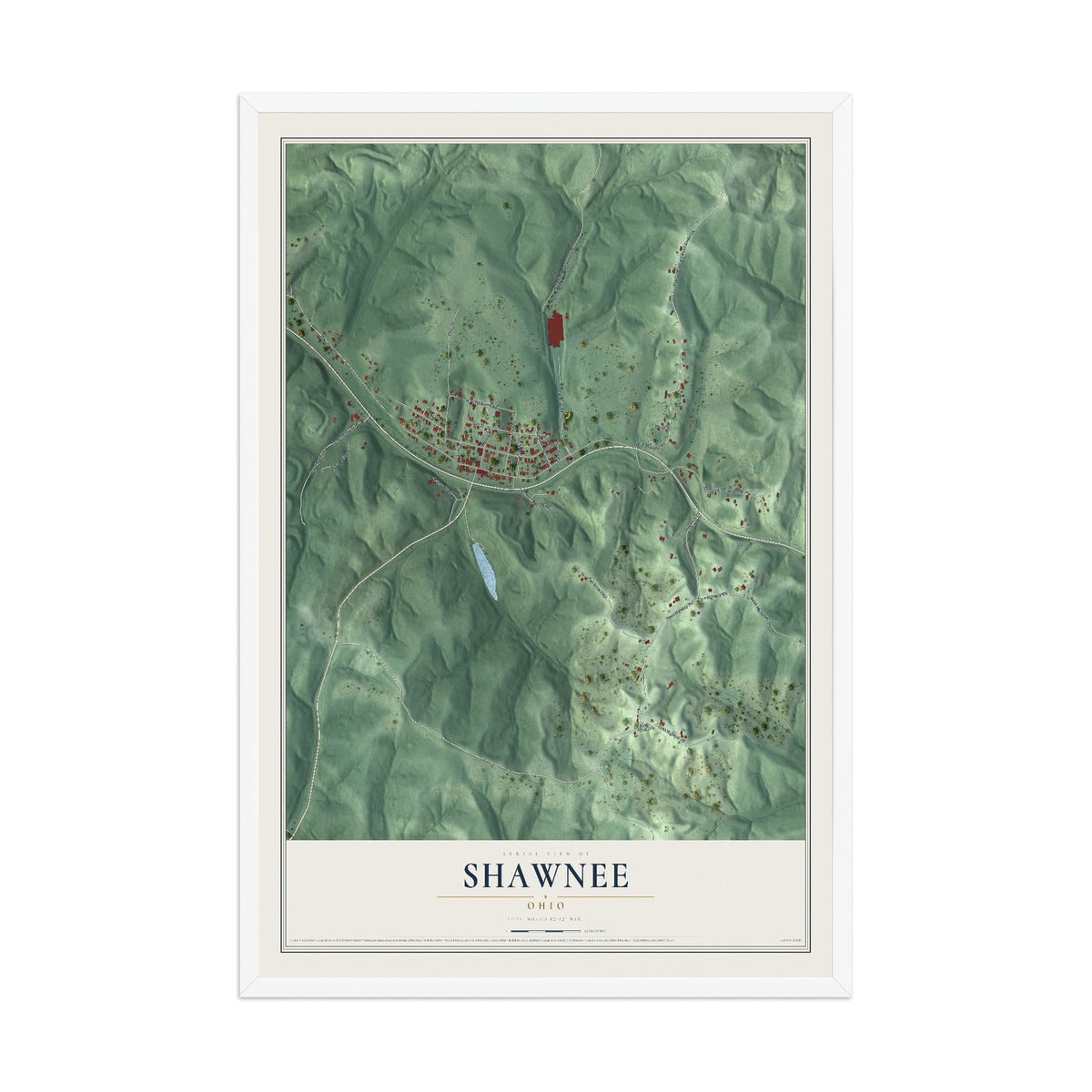 Map of Shawnee, Ohio, 12 x 18 inch print in a white wood frame