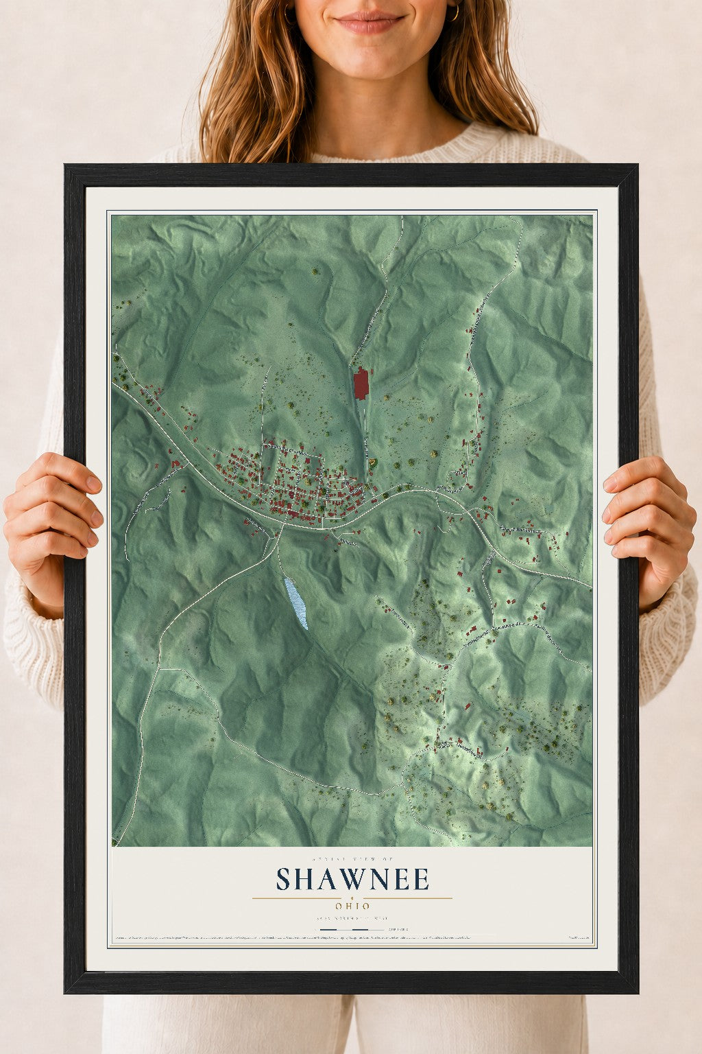 Map of Shawnee, Ohio, 18 x 24 inch print in a black wood frame