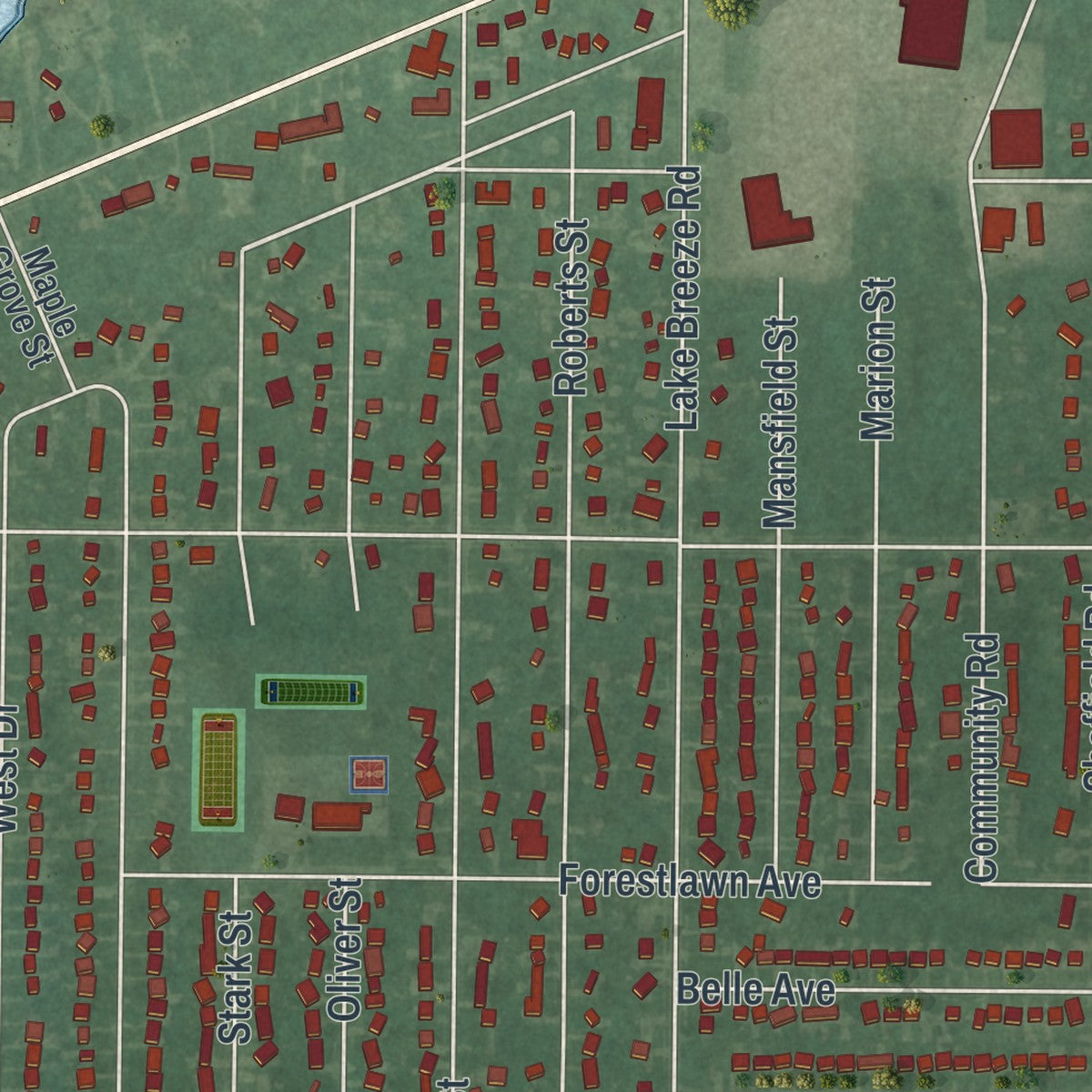 Second close-up of the map of Sheffield Lake, Ohio print showing more streets and buildings