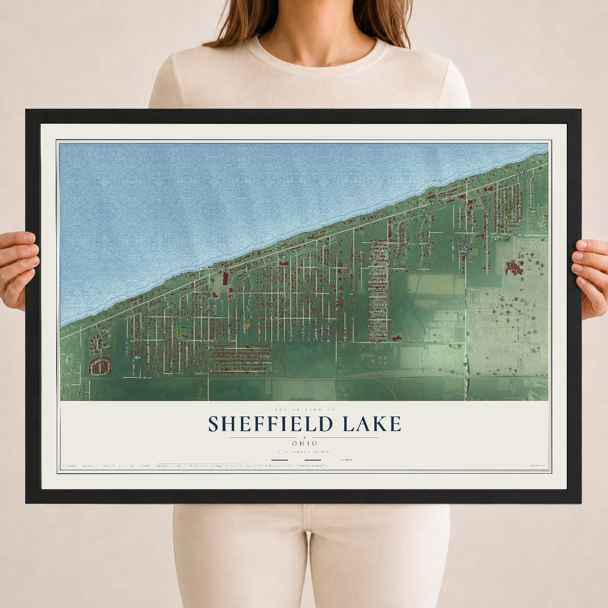 Map of Sheffield Lake, Ohio, 18 x 24 inch print in a black wood frame