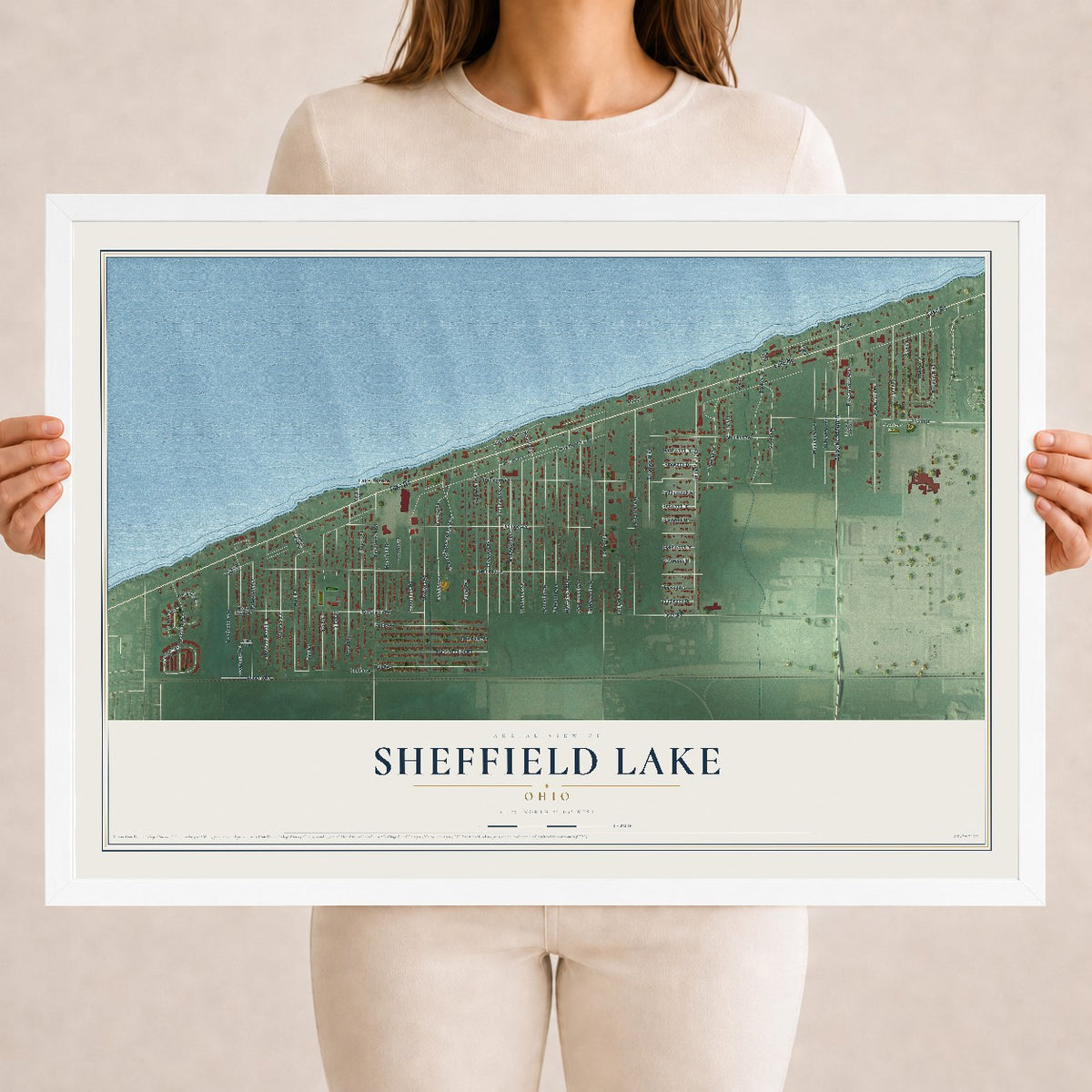 Map of Sheffield Lake, Ohio, 18 x 24 inch print in a white wood frame