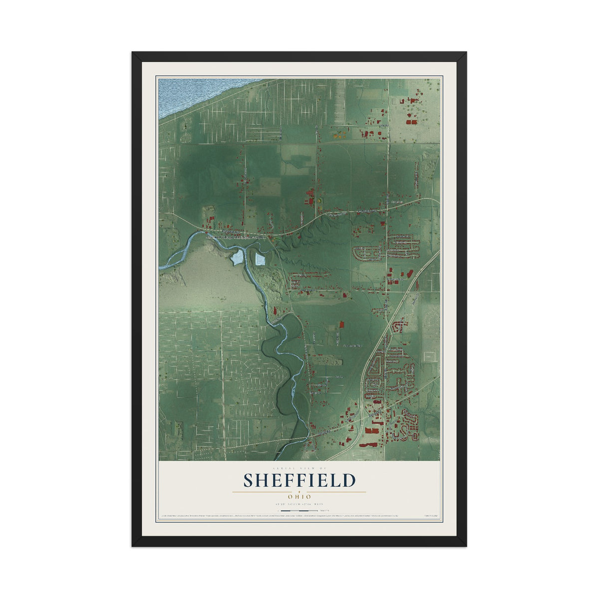 Map of Sheffield, Ohio, 12 x 18 inch print in a black wood frame