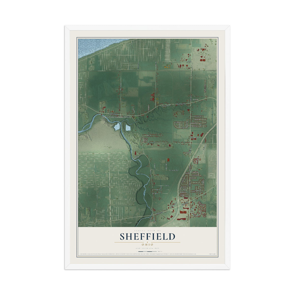 Map of Sheffield, Ohio, 12 x 18 inch print in a white wood frame
