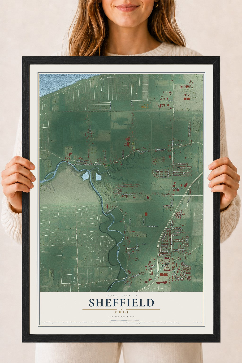 Map of Sheffield, Ohio, 18 x 24 inch print in a black wood frame