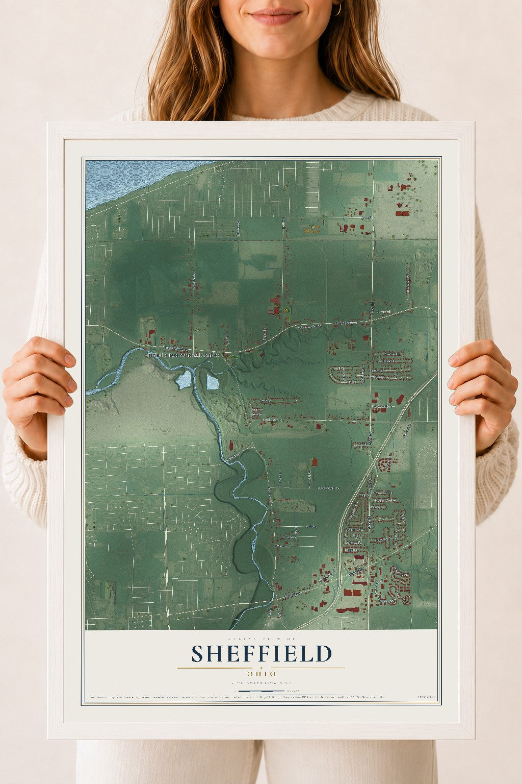 Map of Sheffield, Ohio, 18 x 24 inch print in a white wood frame