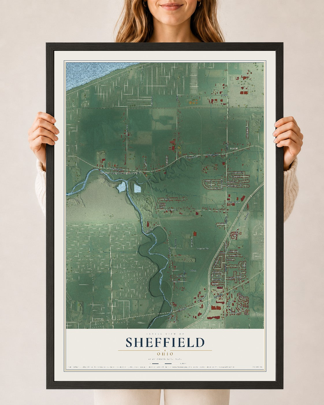 Map of Sheffield, Ohio, 24 x 36 inch print in a black wood frame
