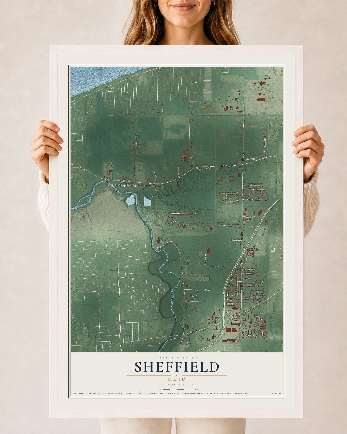 Map of Sheffield, Ohio, 24 x 36 inch print in a white wood frame