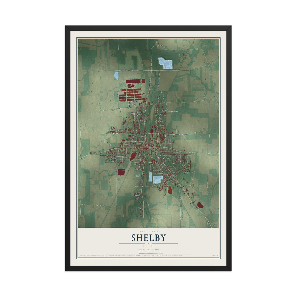 Map of Shelby, Ohio, 12 x 18 inch print in a black wood frame