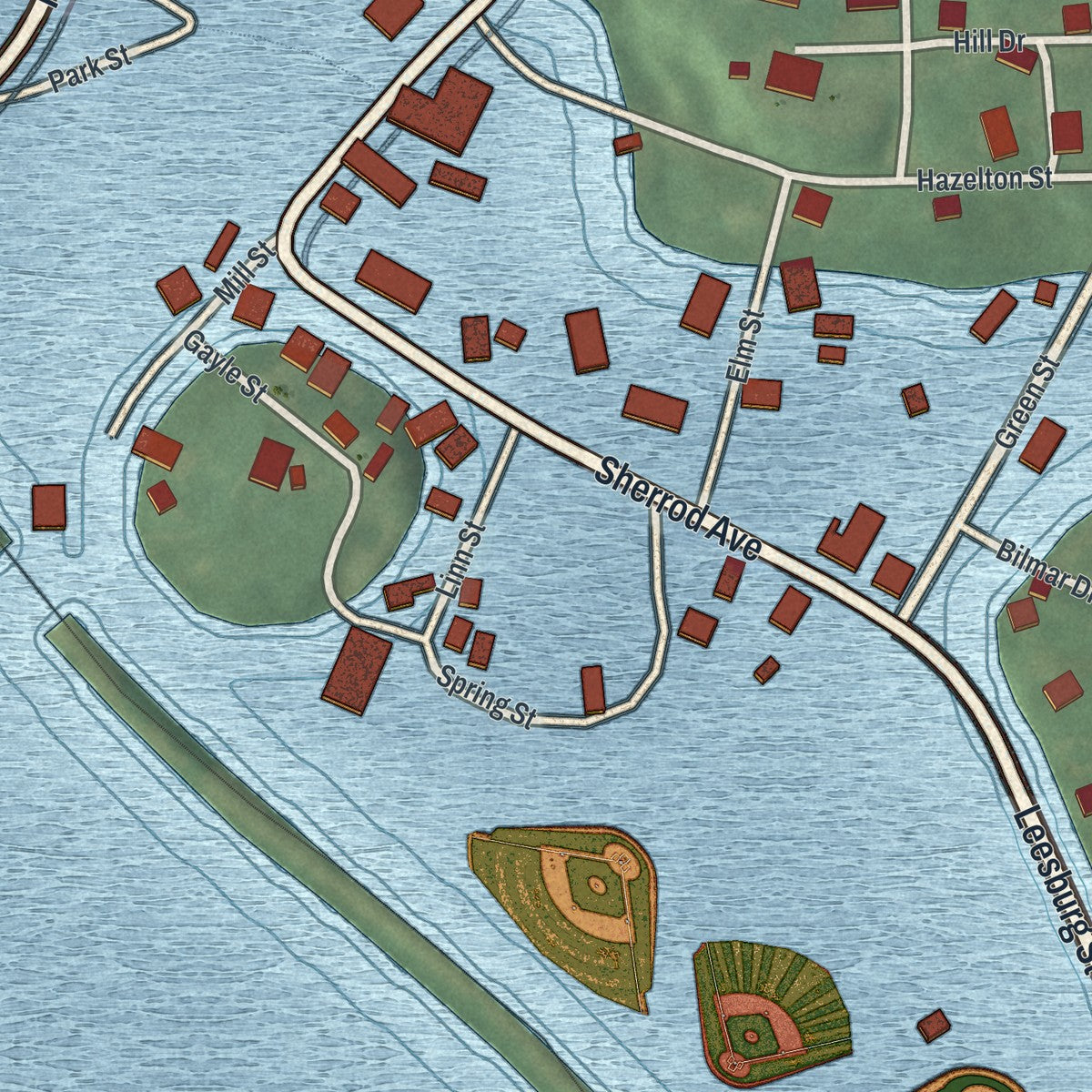 Close-up of the map of Sherrodsville, Ohio print showing street and building detail