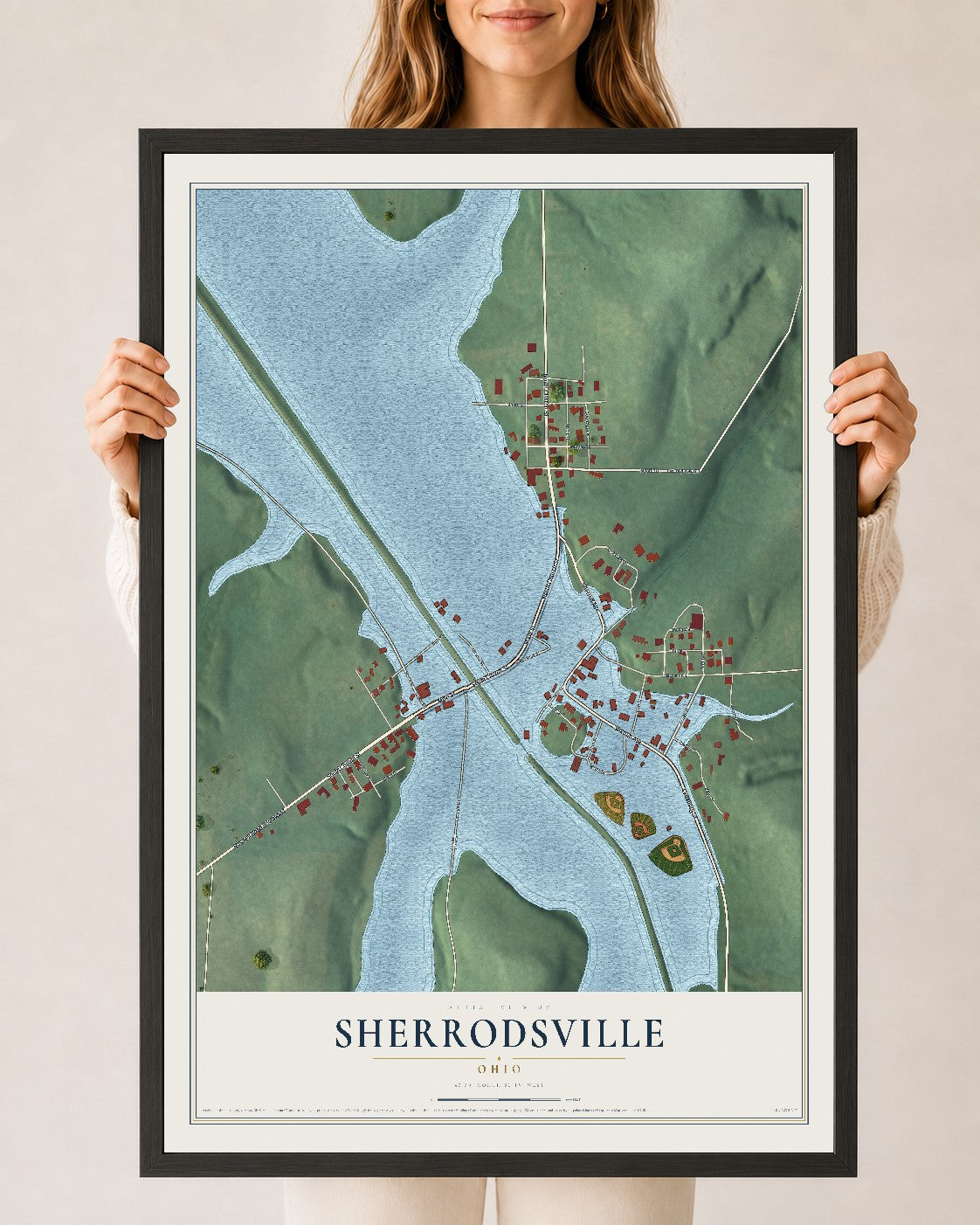 Map of Sherrodsville, Ohio, 24 x 36 inch print in a black wood frame