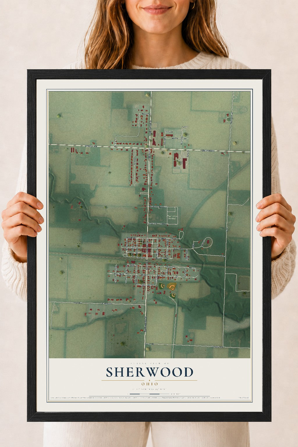 Map of Sherwood, Ohio, 18 x 24 inch print in a black wood frame