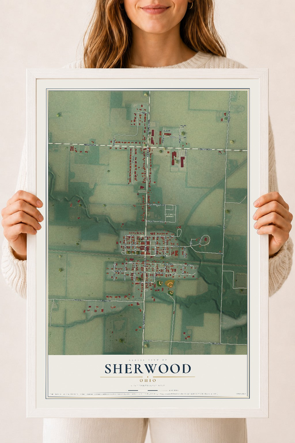 Map of Sherwood, Ohio, 18 x 24 inch print in a white wood frame