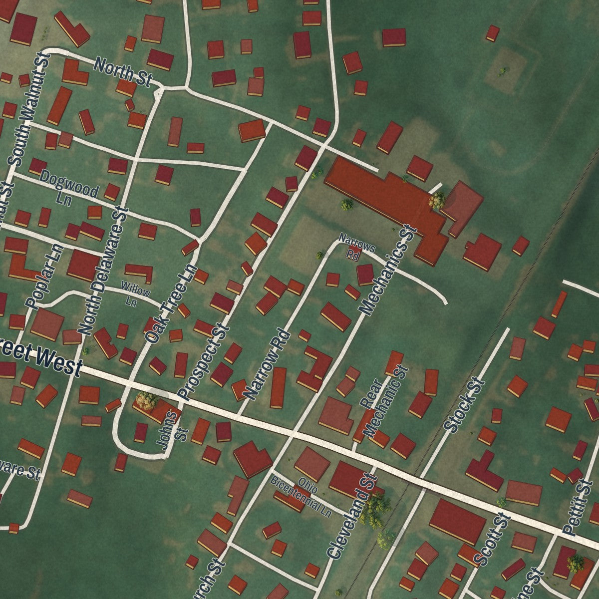 Close-up of the map of Shiloh, Ohio print showing street and building detail