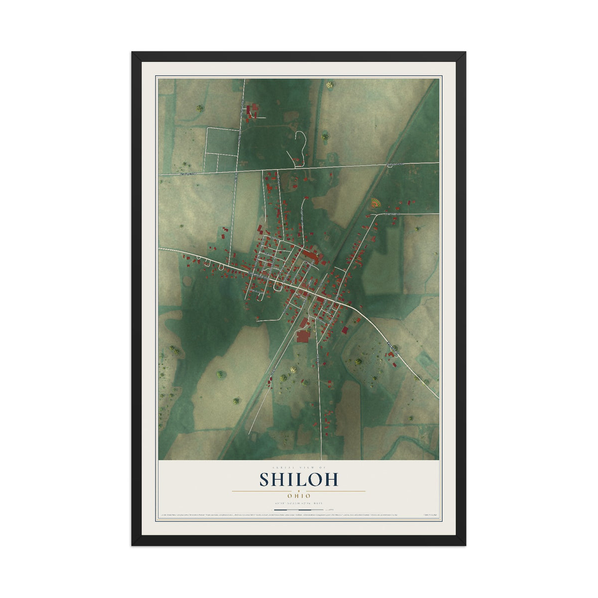 Map of Shiloh, Ohio, 12 x 18 inch print in a black wood frame