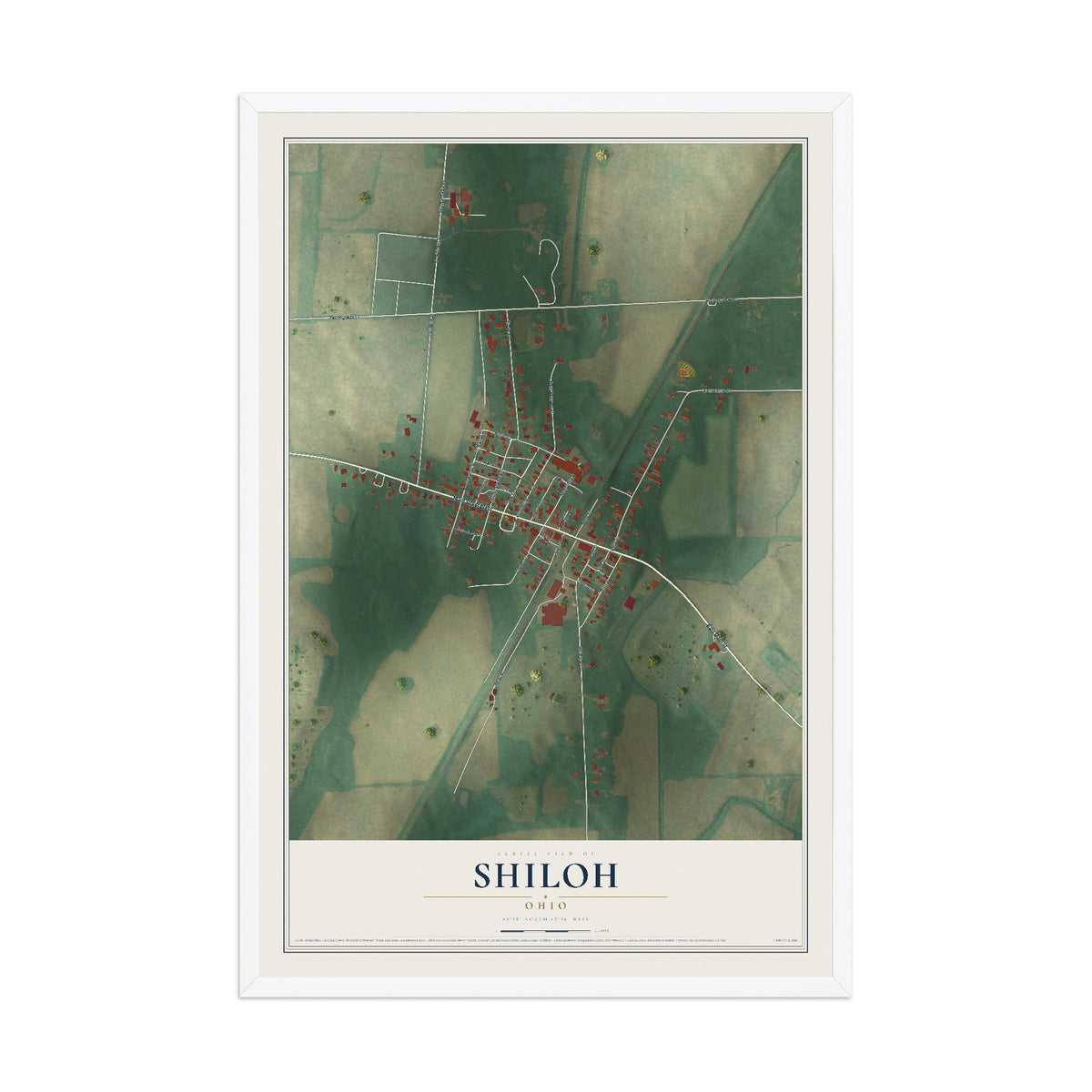 Map of Shiloh, Ohio, 12 x 18 inch print in a white wood frame