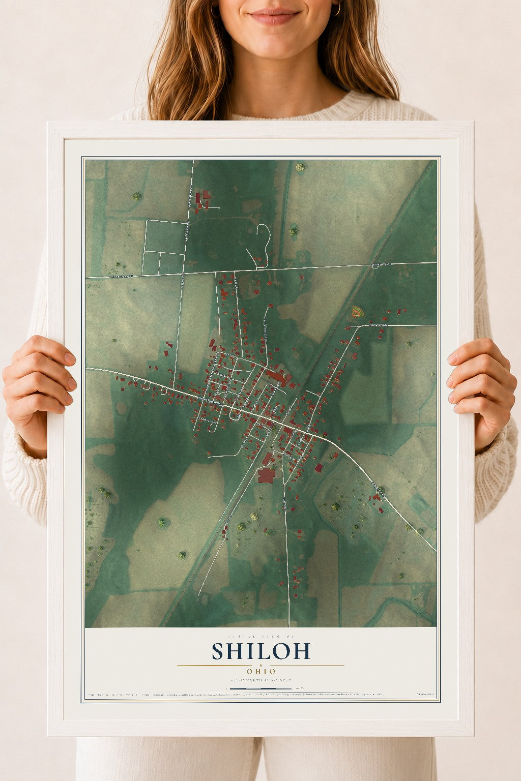 Map of Shiloh, Ohio, 18 x 24 inch print in a white wood frame