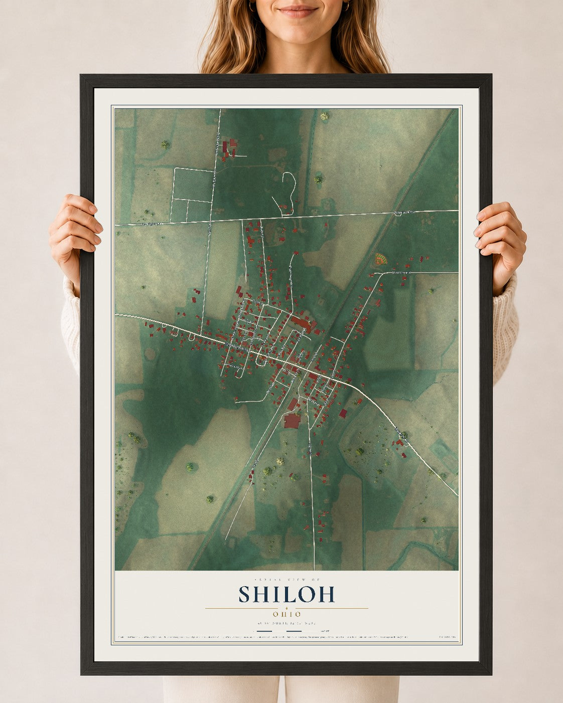 Map of Shiloh, Ohio, 24 x 36 inch print in a black wood frame