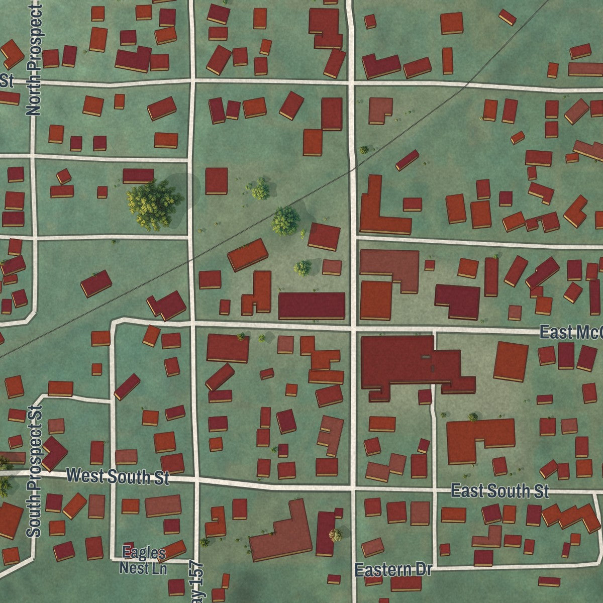Close-up of the map of Shreve, Ohio print showing street and building detail