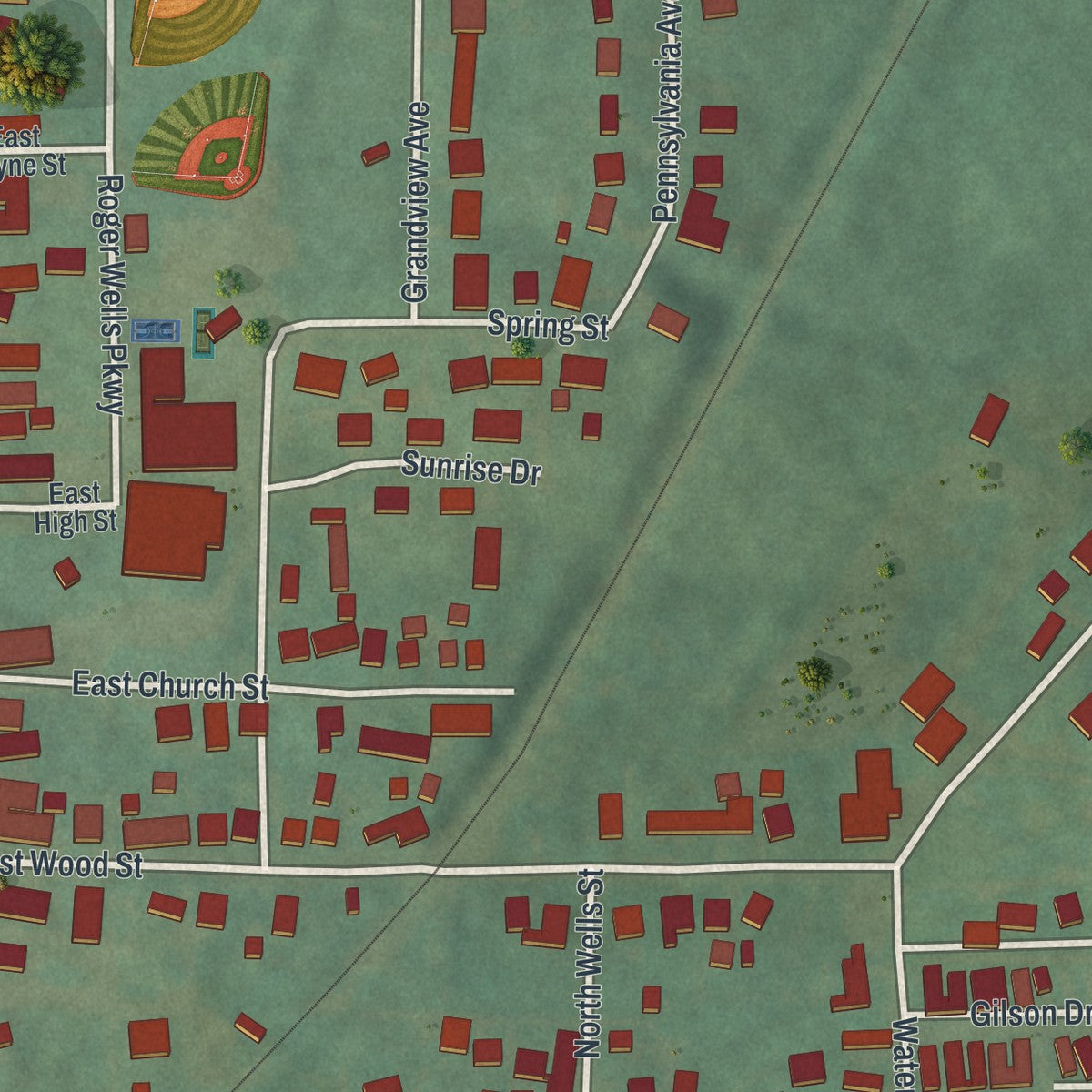 Second close-up of the map of Shreve, Ohio print showing more streets and buildings