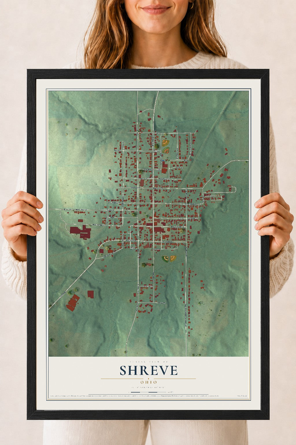 Map of Shreve, Ohio, 18 x 24 inch print in a black wood frame
