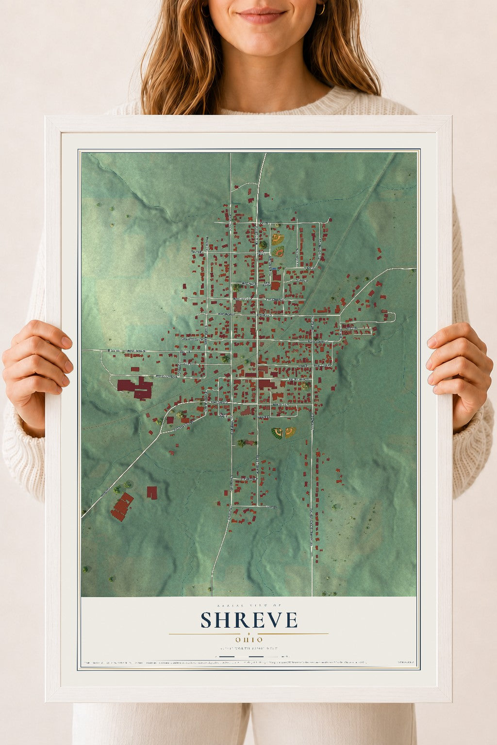 Map of Shreve, Ohio, 18 x 24 inch print in a white wood frame