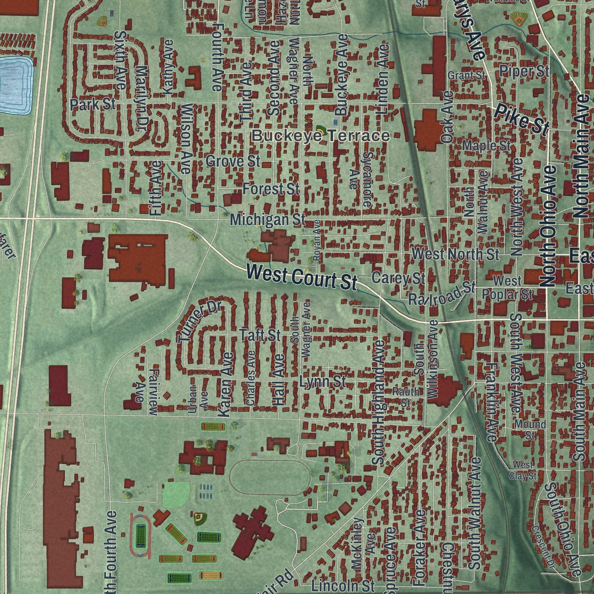Close-up of the map of Sidney, Ohio print showing street and building detail