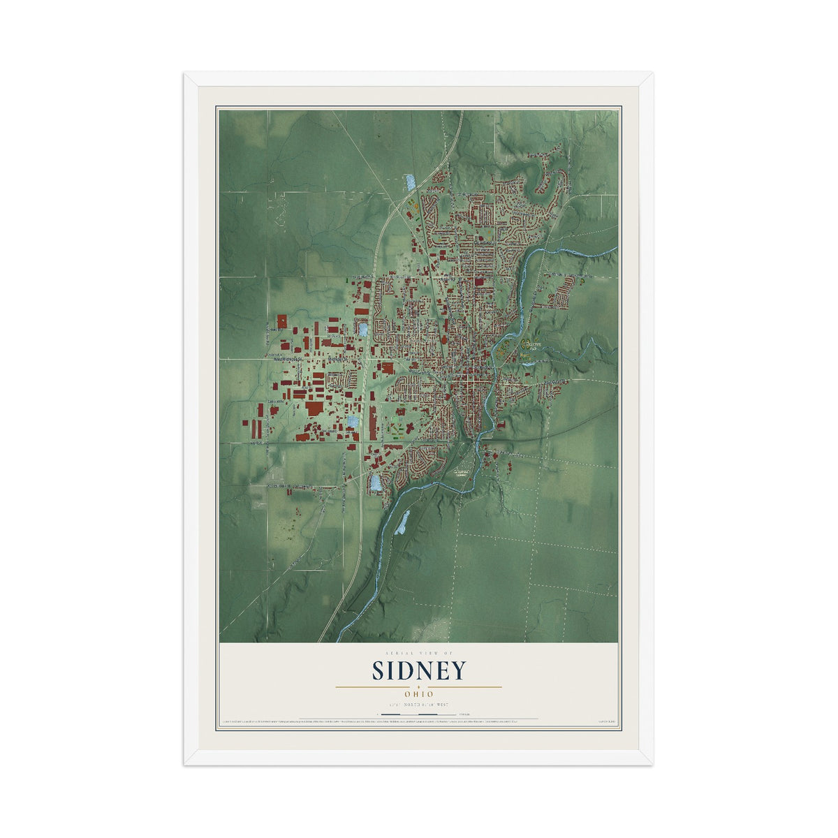 Map of Sidney, Ohio, 12 x 18 inch print in a white wood frame