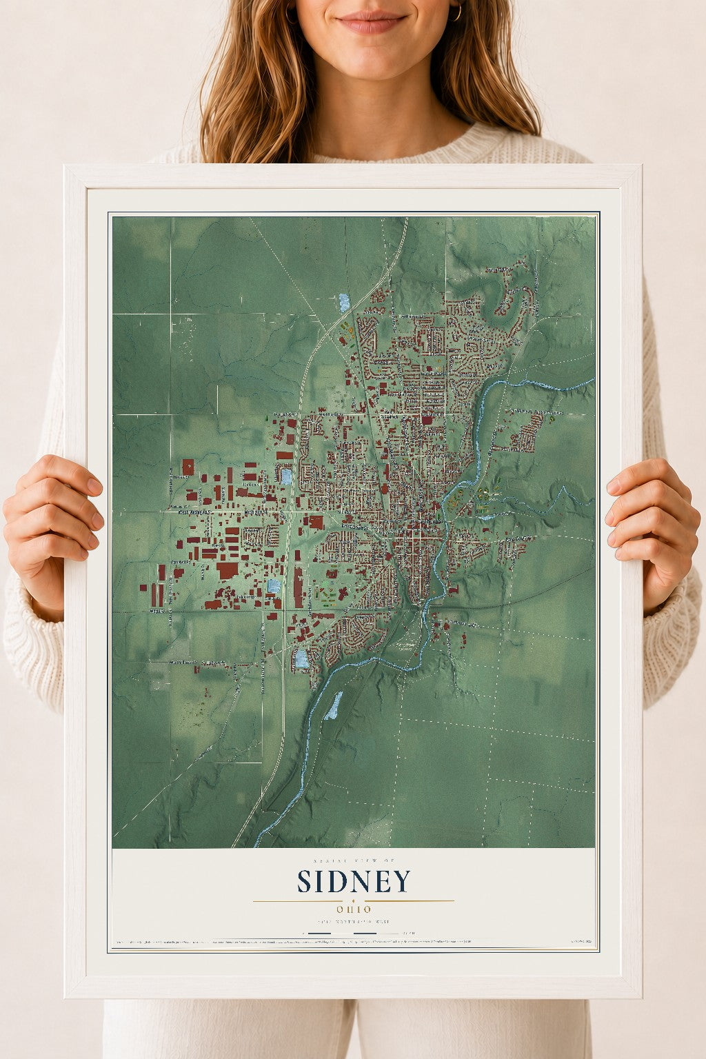 Map of Sidney, Ohio, 18 x 24 inch print in a white wood frame