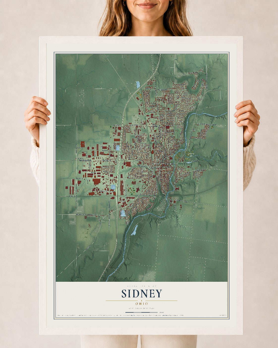 Map of Sidney, Ohio, 24 x 36 inch print in a white wood frame