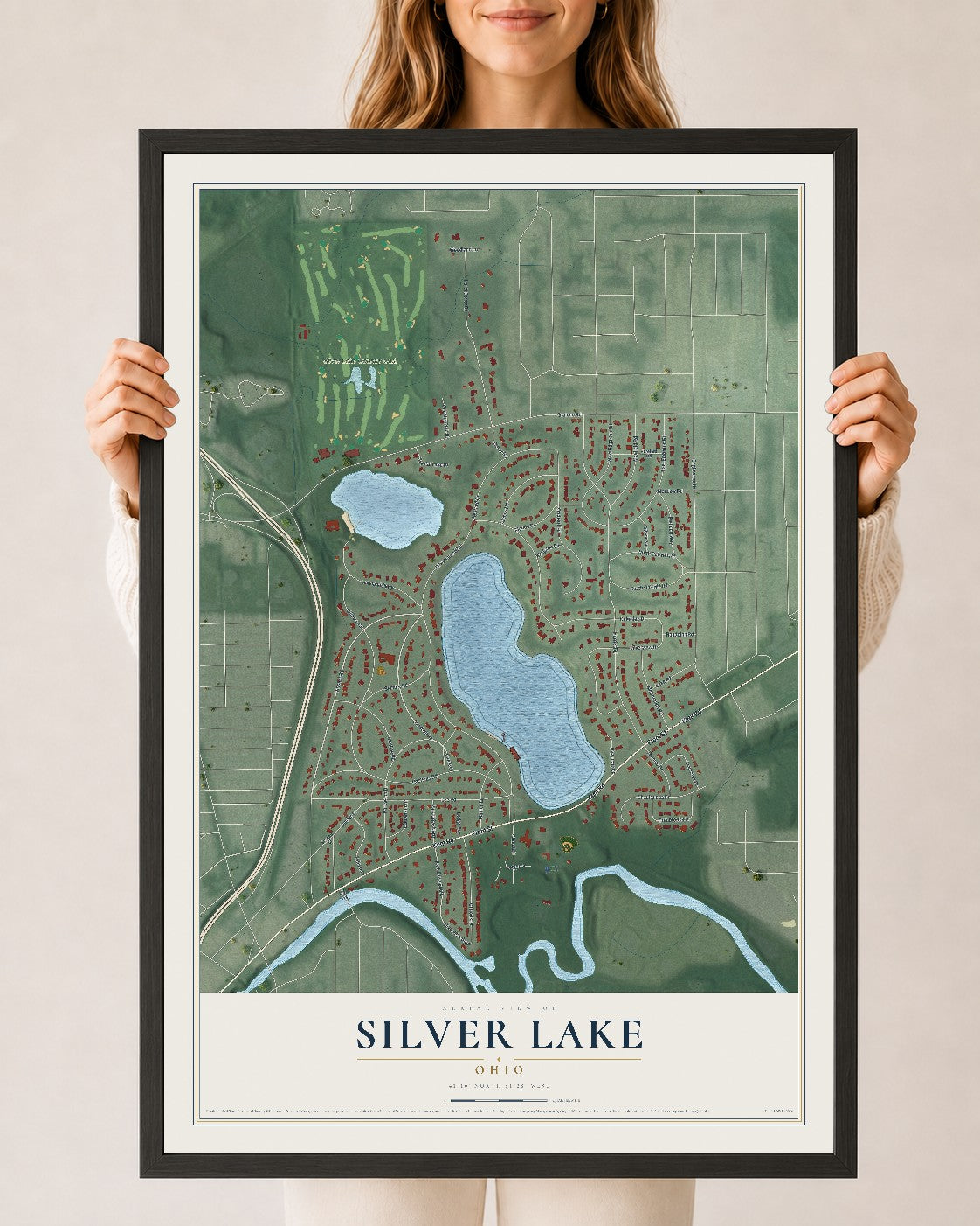 Map of Silver Lake, Ohio, 24 x 36 inch print in a black wood frame