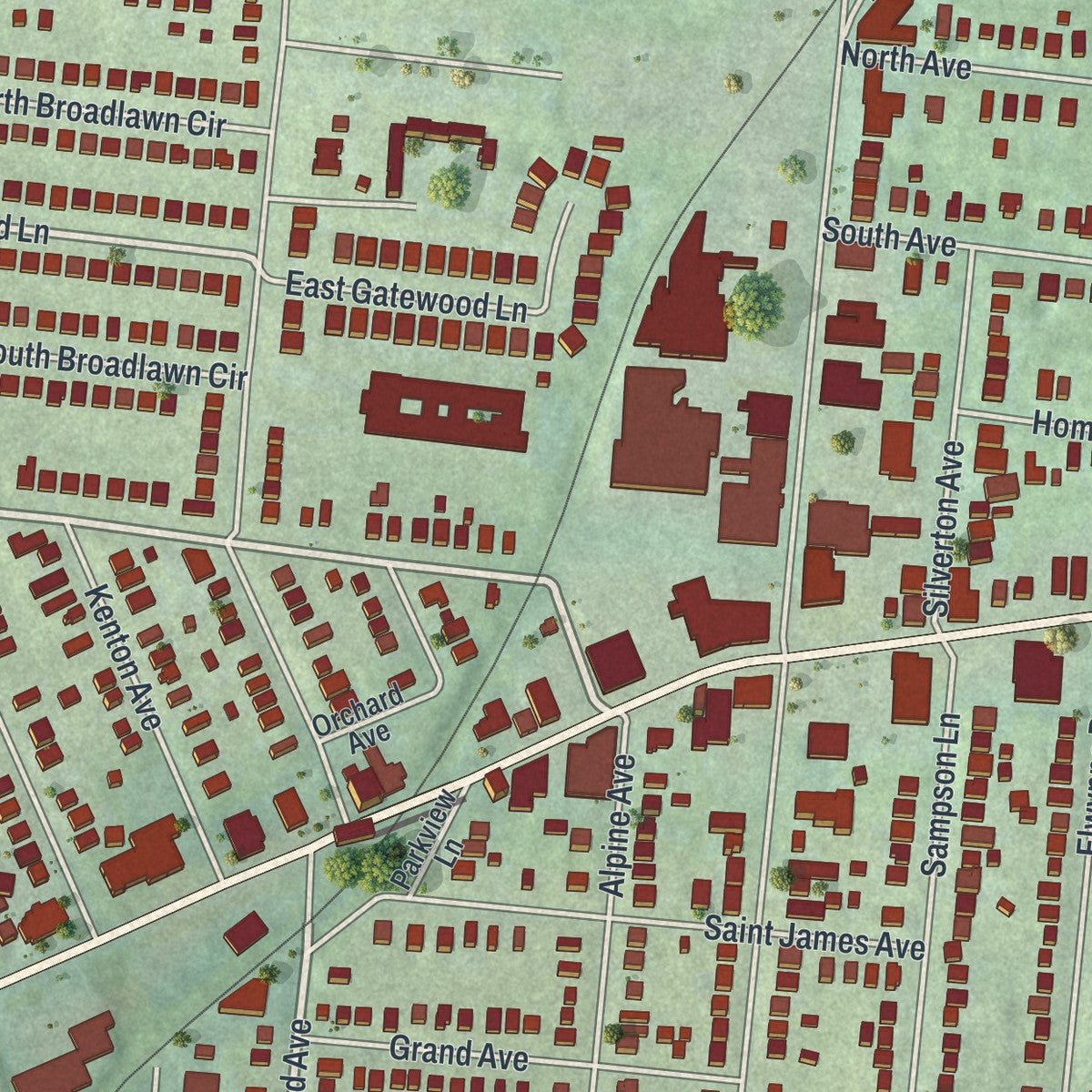 Close-up of the map of Silverton, Ohio print showing street and building detail